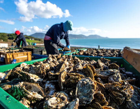 Oyster farmer sorting fresh oyster harvest on coastal farm beside calm blue water under bright sky, with rugged hills and working boats creating productive marine scene