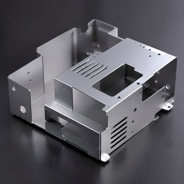 Completed aluminum sheet housing with complex multi-angle folds and clean cutouts