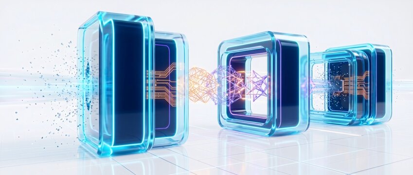 Photonic quantum processing, sequence of translucent blue glass blocks transmitting optical laser beams. Advanced quantum computing array accelerates parallel data calculation algorithms flow.