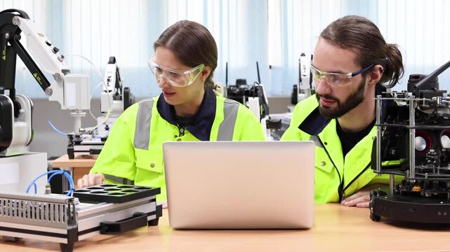 engineers checking or maintenance electronic in AI Robot, robot arm in the manufacturing automation and transportation robotics. Robotics, Robot for industry. Collaborative robot, safe, flexible. AI