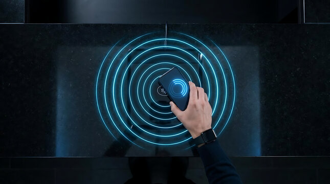 Cutting edge wireless charging technology featuring a hand placing a smartphone on a sleek surface with a visual depiction of energy transfer in circular patterns