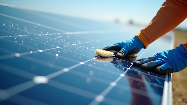 Worker cleaning solar panels with a brush to maintain efficiency and ensure optimal energy production in a solar farm