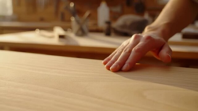 Hand slides slowly across a smooth wooden tabletop, fingertips following visible grain in a warmly lit workshop while blurred tools and additional work surfaces fill the background