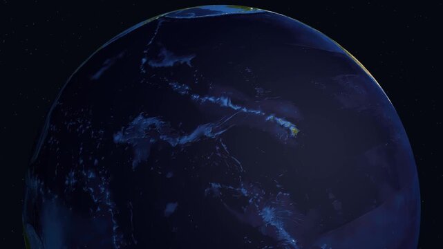 Earth zoom animation from space to Qeshm Island in Iran with Middle Eastern country labels.
