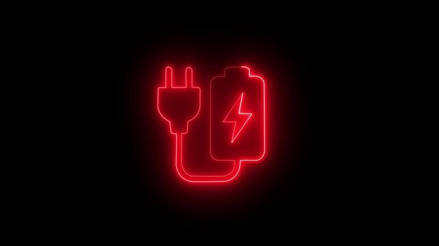 Bright neon electric battery icon power baton icon black background 4k motion animation.