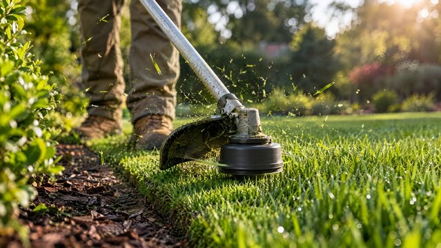 Gardener Trimming Lawn Edge with String Trimmer in Backyard on Sunny Day