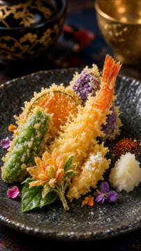Authentic mixed ebi tempura with deep fried shrimp and vegetables in traditional Japanese setting
