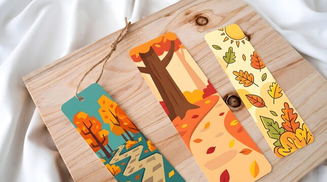Autumnal Bookmark Collection: A set of three charming bookmarks adorned with vibrant autumn foliage and woodland scenes, perfect for the avid reader and lover of seasonal aesthetics.