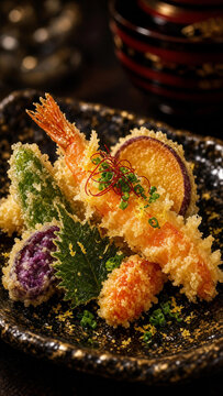 Authentic mixed ebi tempura with deep fried shrimp and vegetables in traditional Japanese setting