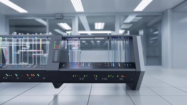 Large transparent laboratory apparatus fills frame as viewpoint tracks steadily right, revealing interconnected clear tubes, control panels, indicator lights, and dark metal housing