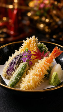 Authentic mixed ebi tempura with deep fried shrimp and vegetables in traditional Japanese setting