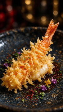 Authentic mixed ebi tempura with deep fried shrimp and vegetables in traditional Japanese setting