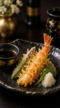 Authentic mixed ebi tempura with deep fried shrimp and vegetables in traditional Japanese setting