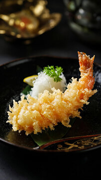 Authentic mixed ebi tempura with deep fried shrimp and vegetables in traditional Japanese setting