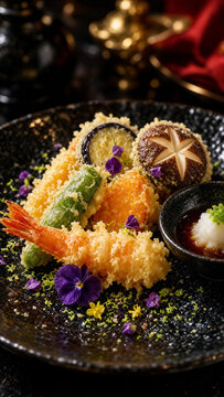 Authentic mixed ebi tempura with deep fried shrimp and vegetables in traditional Japanese setting