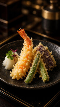 Authentic mixed ebi tempura with deep fried shrimp and vegetables in traditional Japanese setting