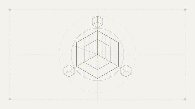 Geometric construction of a hexagonal cube shape on a grid background
