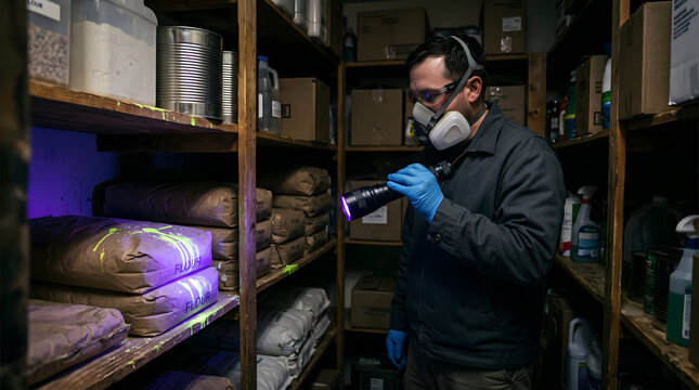 Pest control technician inspecting for rodents in a storage room.