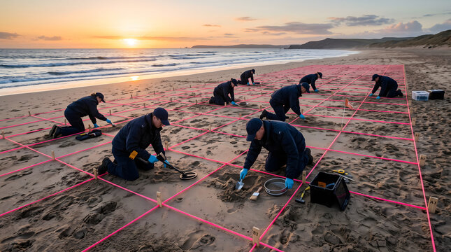 Investigators in dark uniforms conducting a systematic grid search on a sandy surface.