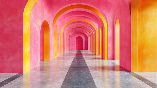 A vibrant pink and yellow architectural corridor featuring a series of symmetric archways and a reflective marble floor leading into perspective.