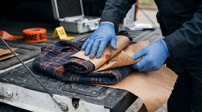 Forensic investigator collecting blood stained clothing evidence at a crime scene.