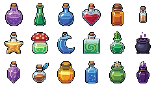 Set of various colorful magic potion bottles and a cauldron in pixel art style.