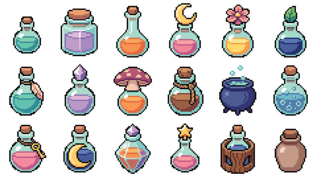 Set of various pixel art magic potion bottles and alchemical ingredients for video games.