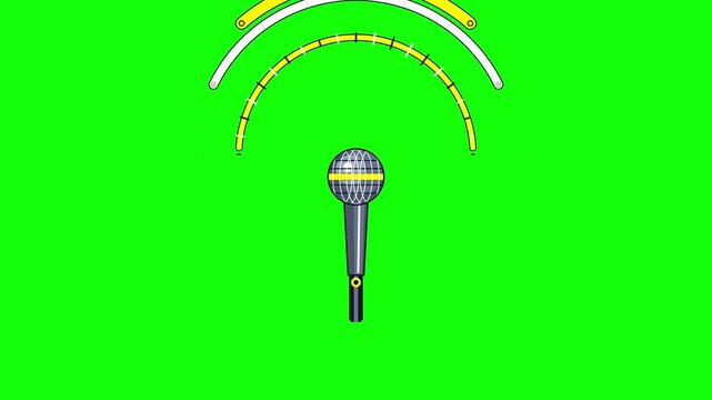 Animated microphone with sound wave graphics on green screen backdrop