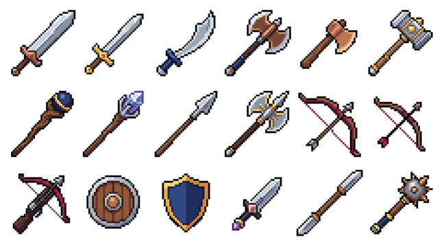 Set of various medieval fantasy weapons and shields for role playing games.