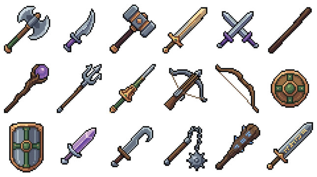 Set of various fantasy pixel art weapons and shields for role playing games.