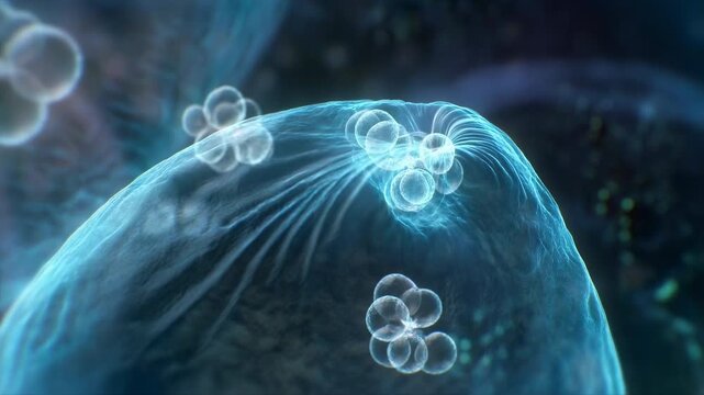 Translucent spherical particles cluster and drift across a glowing blue curved membrane, gathering near a raised surface fold while other groups hover in a dark microscopic environment
