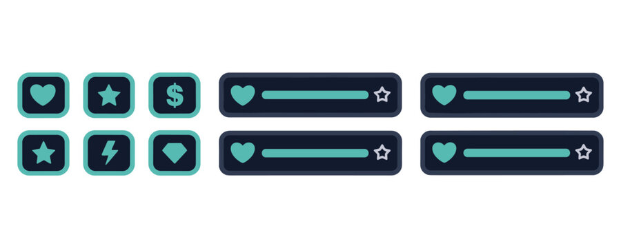 Sleek teal and dark game UI icons displaying progress bars in high contrast lighting for an engaging mobile app interface.