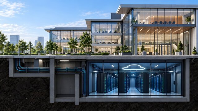 Architectural cross section revealing a modern corporate office building above a high-tech subterranean data center representing enterprise cloud infrastructure.