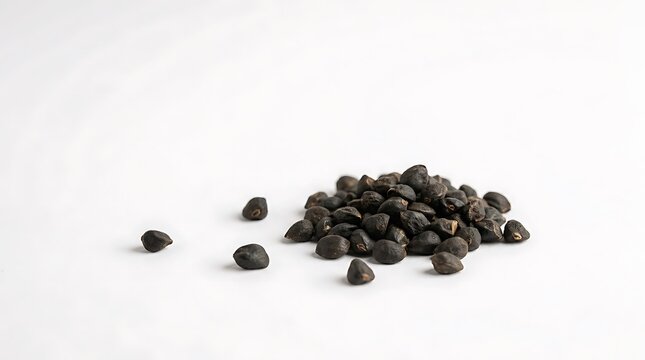 A close-up view of a pile of raw babchi seeds, Psoralea corylifolia, isolated on a clean white background