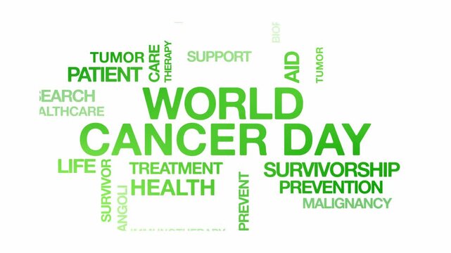 world cancer day concept Animated Tag Word Cloud kinetic typography, Text Design Animation typography seamless loop video motion graphics Intro Wordart arrangement green type on white background bg ba