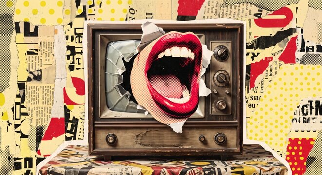 Mass media sensationalism, vintage wooden television set with screaming mouth bursting through glass screen. Pop art editorial collage satirizes tabloid broadcast noise and sensational fake news.