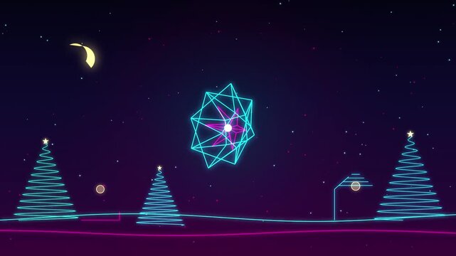 Abstract neon christmas landscape with glowing geometric shapes and stylized pine trees