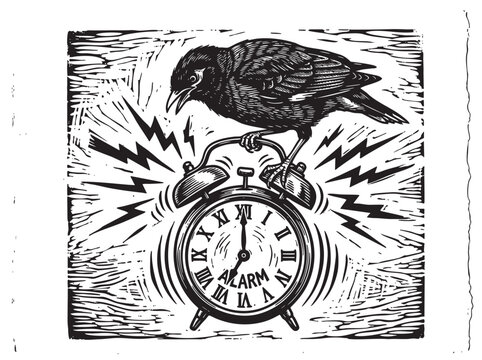 Vintage vintage crow bird alarm clock electricity retro engraving, antique electric shock thunder timestamp wooden cut style illustration, classical clock face vector illustration