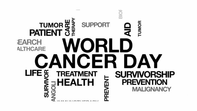 world cancer day concept Animated Tag Word Cloud kinetic typography, Text Design Animation typography seamless loop video motion graphics Intro Wordart arrangement black type on white background bg ba