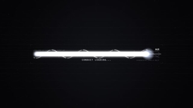 Futuristic digital progress bar interface showing conduit loading process with percentage indicator