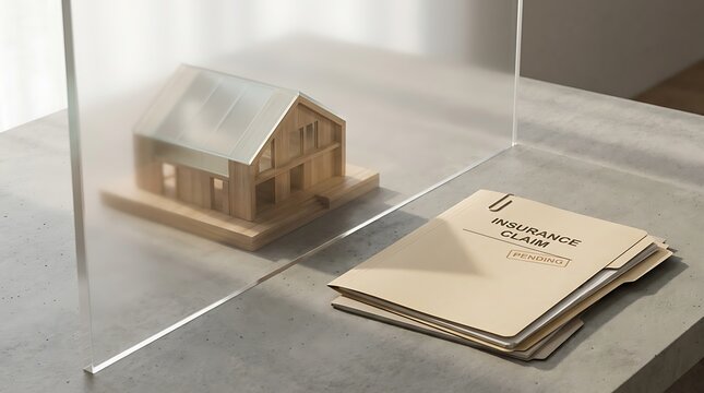 A wooden model house displayed with a pending insurance claim file, highlighting bad faith insurance concepts.