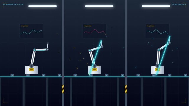 Futuristic industrial robotic arms operating on a manufacturing assembly line dashboard