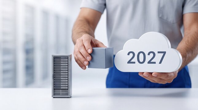 Person holding a cloud shape with 2027 text and a cube near a server rack with next miniature server