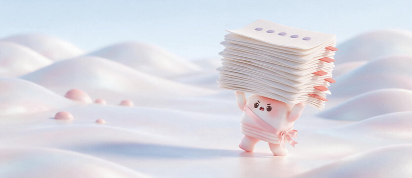 Cute pearlescent character carrying a heavy stack of papers. Funny 3D illustration of overwork and bureaucracy concept. Pastel landscape background