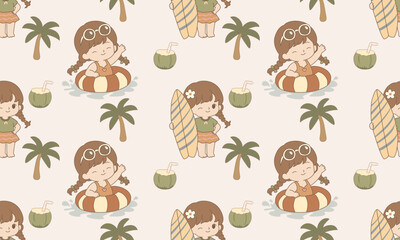 Obraz premium Little Swimmer Enjoying Tropical Beach Day with Coconut and Surfboard