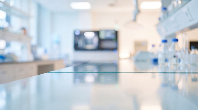 Modern scientific laboratory blurred background with close-up on an empty clean table surface for product display, pharmaceutical research lab backdrop.