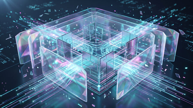 Translucent microchip structure with neon light lines for quantum computing design.