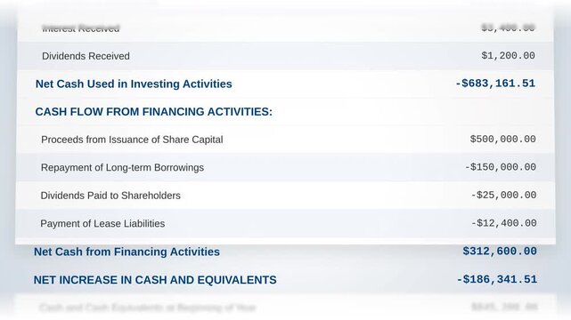 Digital income tracker with clean rows of cash flow data and corporate financing activities, concept for business accounting and investment analysis, ideal for corporate reporting and wealth