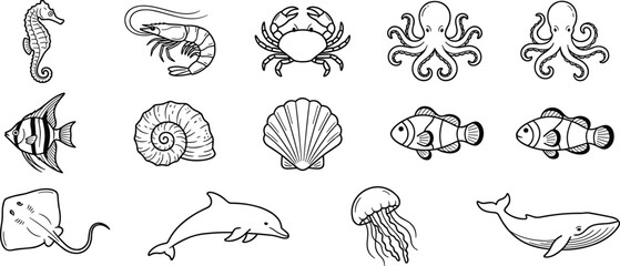 Obraz premium Marine life and underwater ocean animals line art illustrations set featuring whale dolphin octopus crab fish and seashells