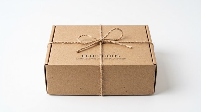 A minimalist brown cardboard shipping box tied with simple jute twine, isolated on a clean white background, high-end sustainable brand presentation.